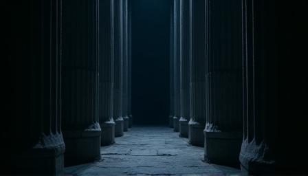 Classical architectural painting with deep shadows and columns