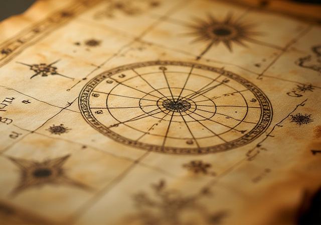 Close-up of an ancient astronomical manuscript with star charts