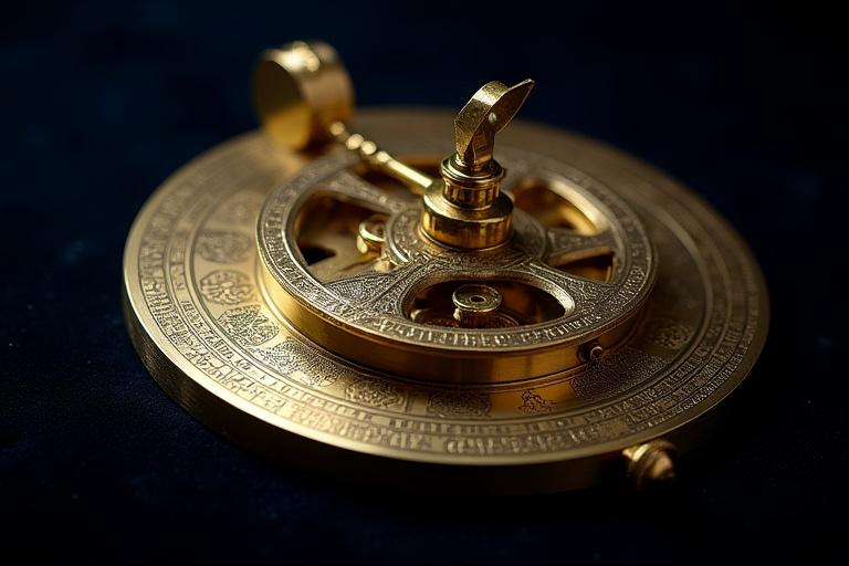 Exquisite brass astrolabe from the Islamic Golden Age on a dark background