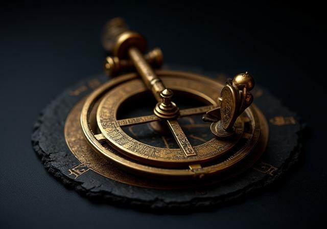 Ancient astronomical measuring device on a dark parchment background